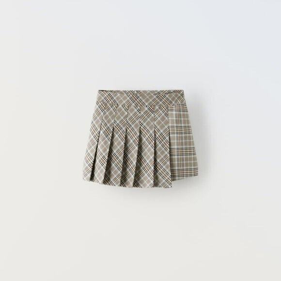 Zara Girls Asymetrical Pleated Plaid Taupe Brown Mini Skirt, Size 11-12 Years - Picture 4 of 4